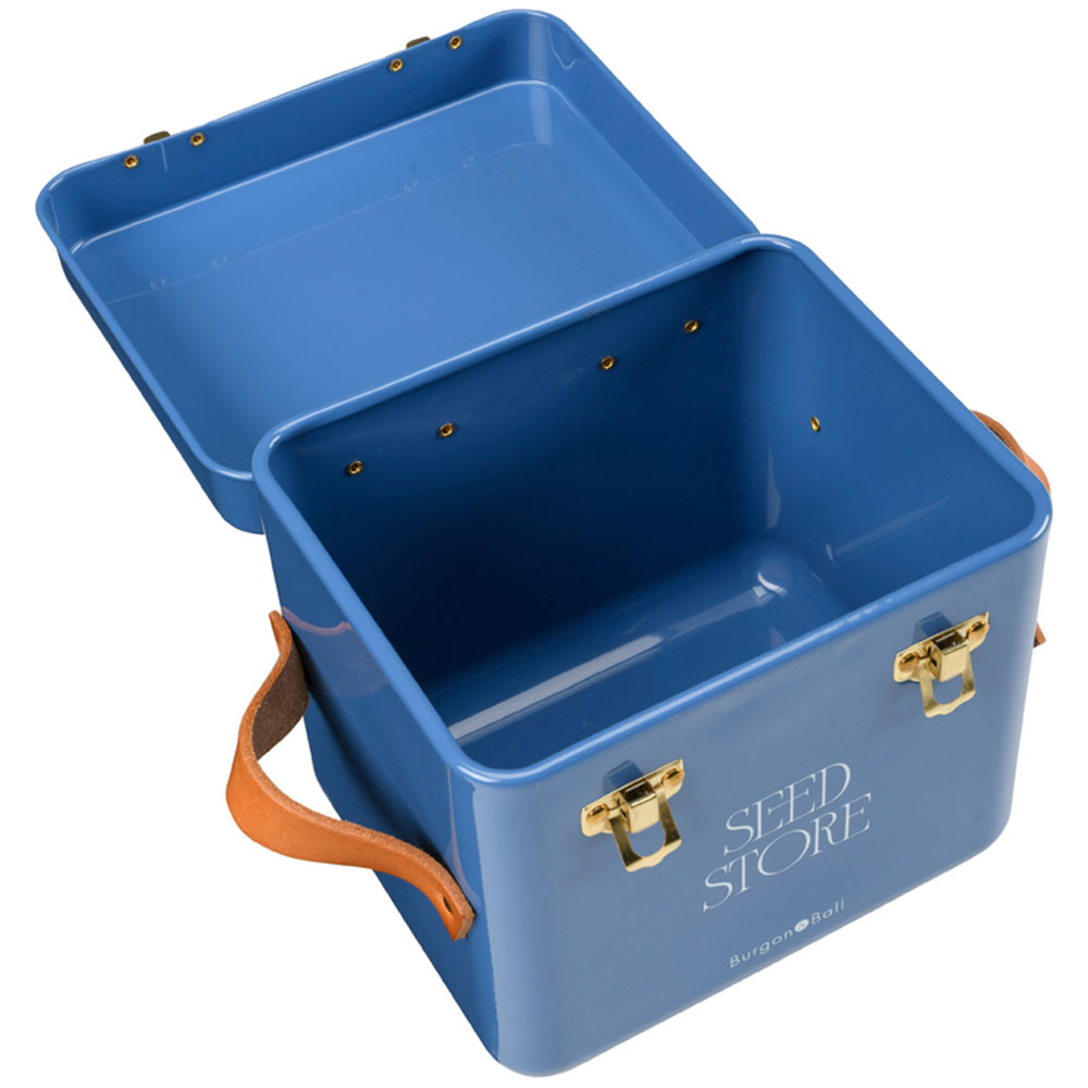 Burgon and Ball New Cotswold Blue Mini Seed Storage Tin with Leather Handle Image 4