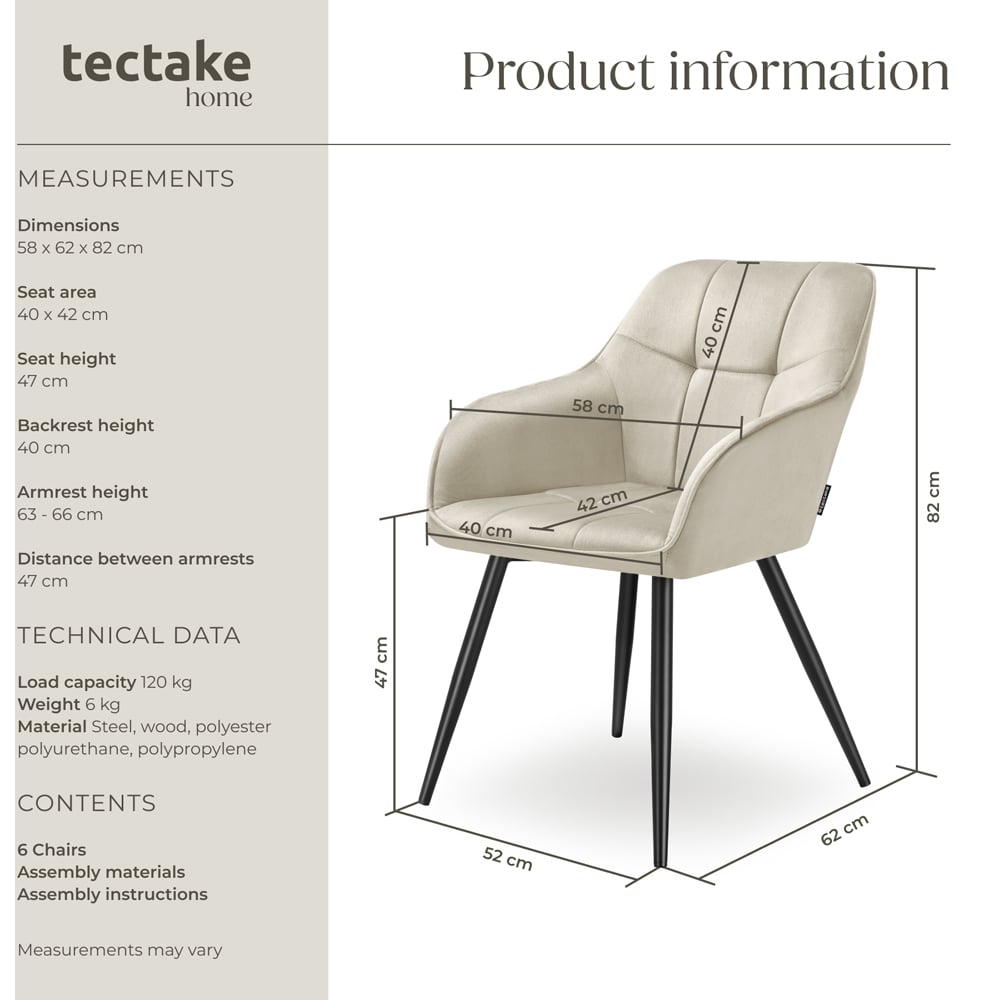 tectake Marilyn Set of 6 Cream and Black Velvet Quilted Dining Chair with Armrest Image 9