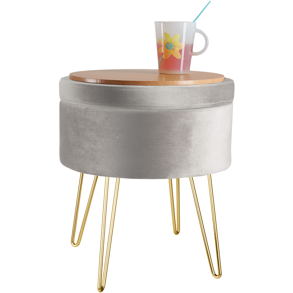tectake Ava Light Grey Velvet Look Padded Round Stool with Storage Image 4