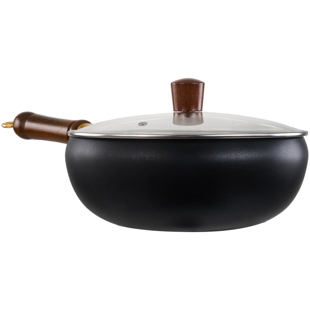 Living and Home 28cm Black Iron Deep Wok Pan with Glass Lid Image 3