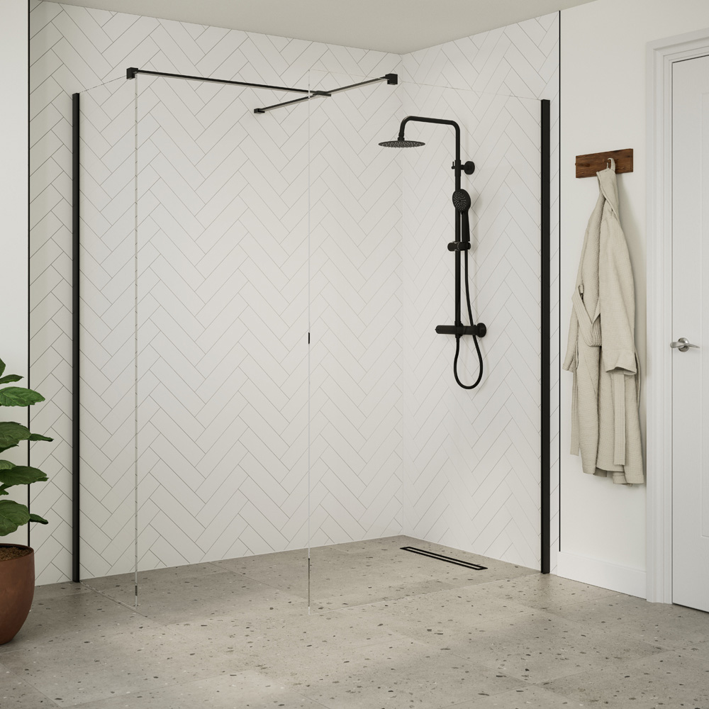 Bathstore Nero Glass Wetroom Shower Panel with Matt Black Profile and Side Bar 800mm Image 2