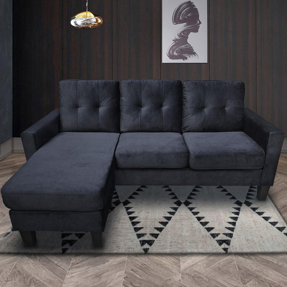 Portland 3 Seater Black Velvet L Shape Reversible Corner Sofa with Ottoman Image 8