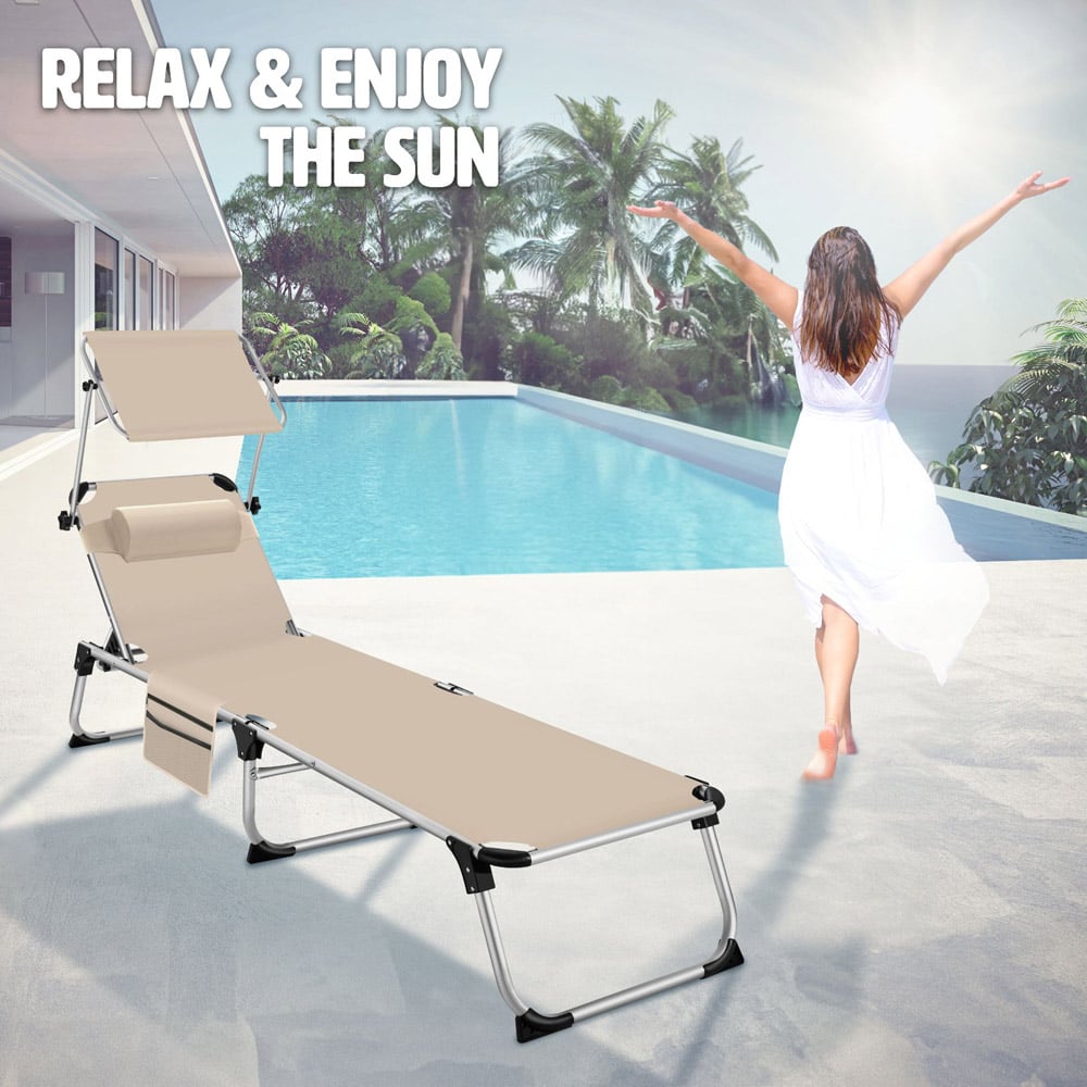 tectake Aurelie Beige Foldable and Adjustable Sun Lounger with Headrest Image 3