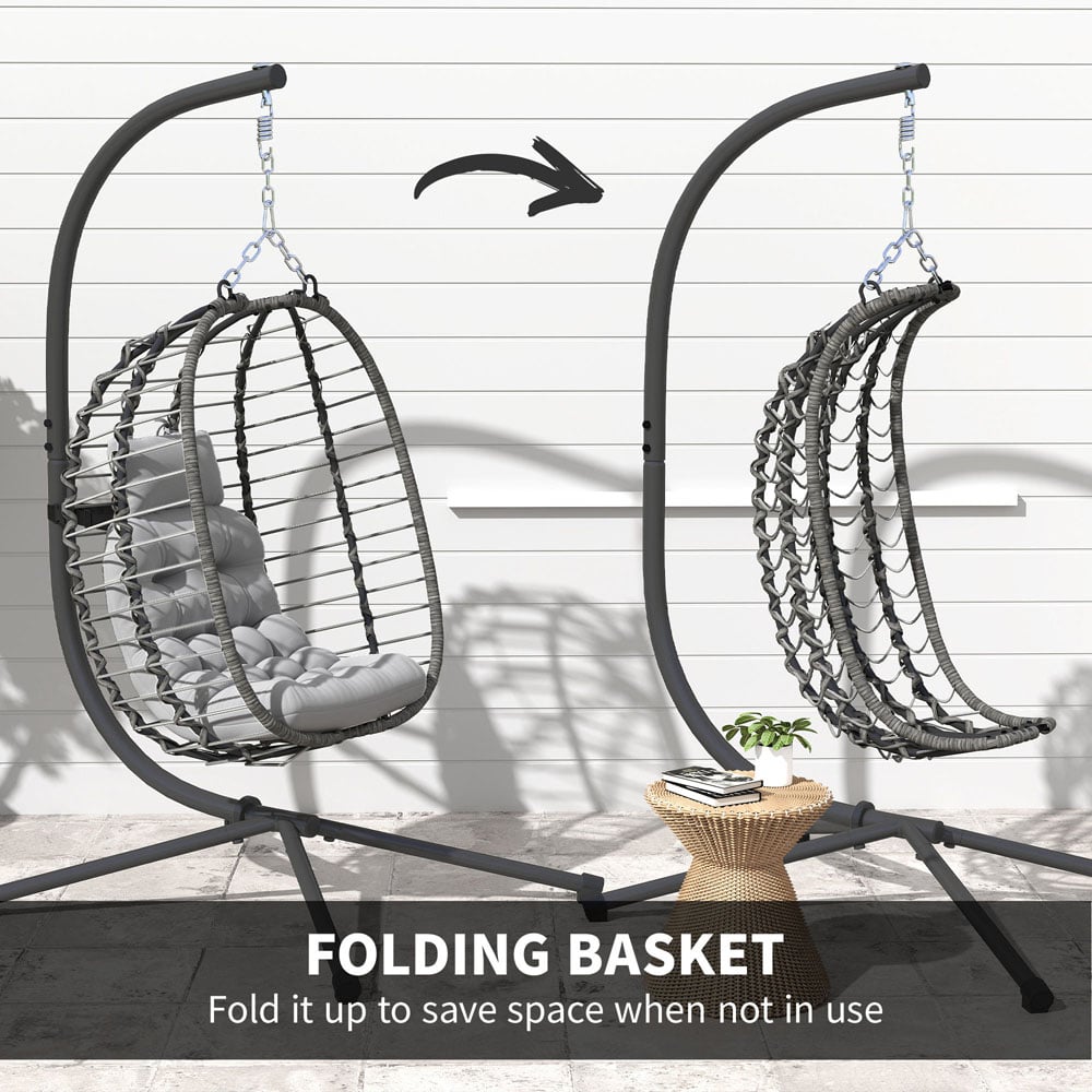 Outsunny Light Grey Rattan Hanging Egg Chair with Stand Image 6