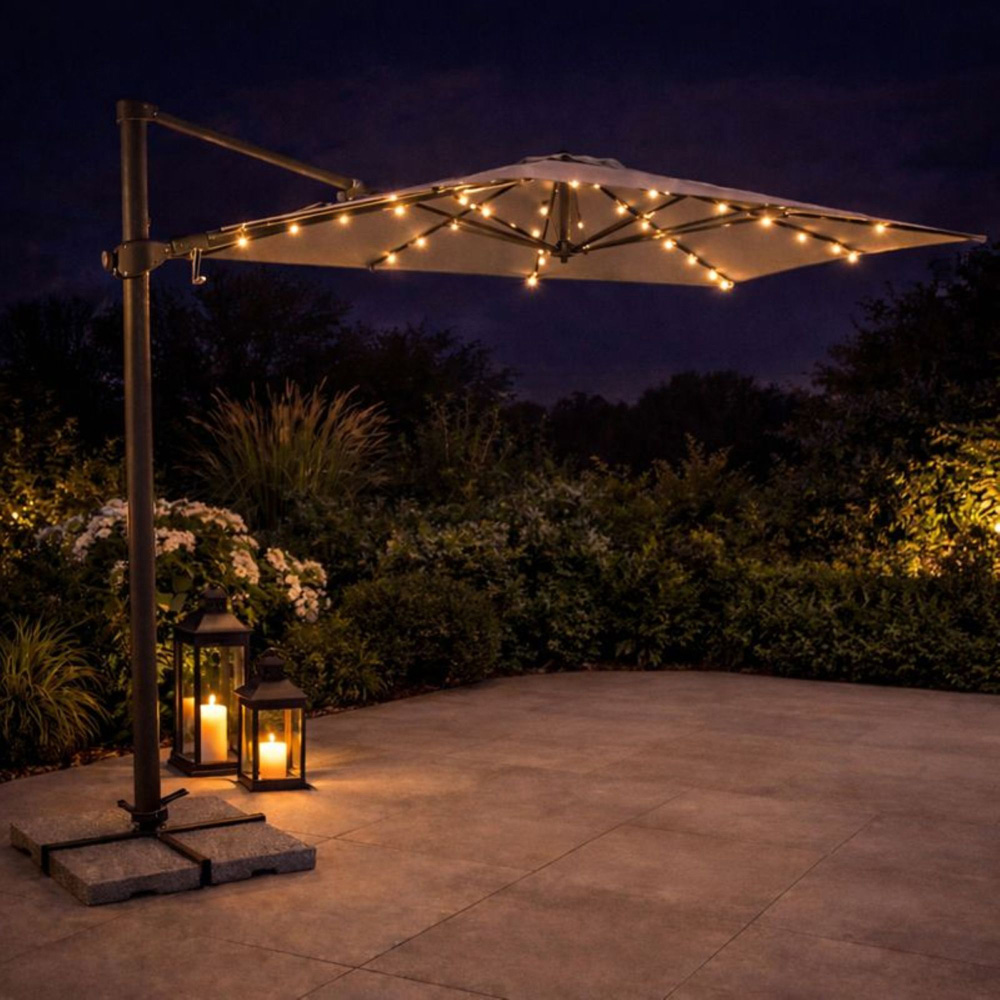 Kettler Orion Stone and Grey LED Cantilever Square Parasol with Granite Base and Night Cover 3 x 3m Image 7