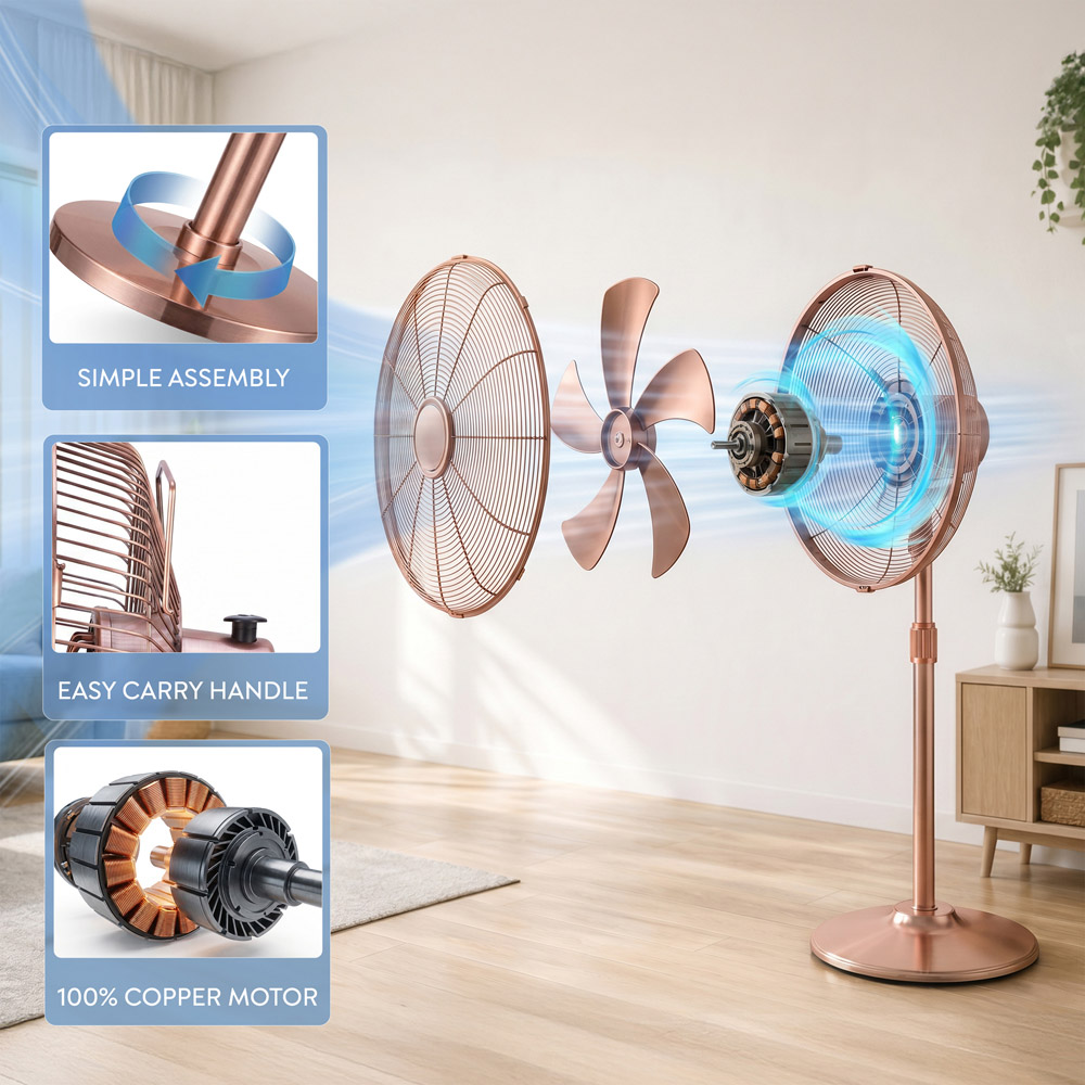 Air Pro Copper Brushed Height Adjustable Oscillating Standing Pedestal Fan 16 inch Image 4