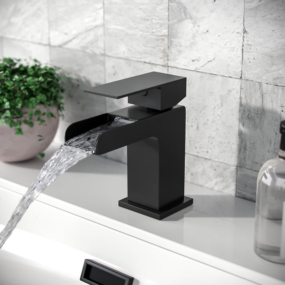 Nes Home Origin Waterfall Matte Black Bath Filler Tap and Basin Mixer Tap with Waste Image 3