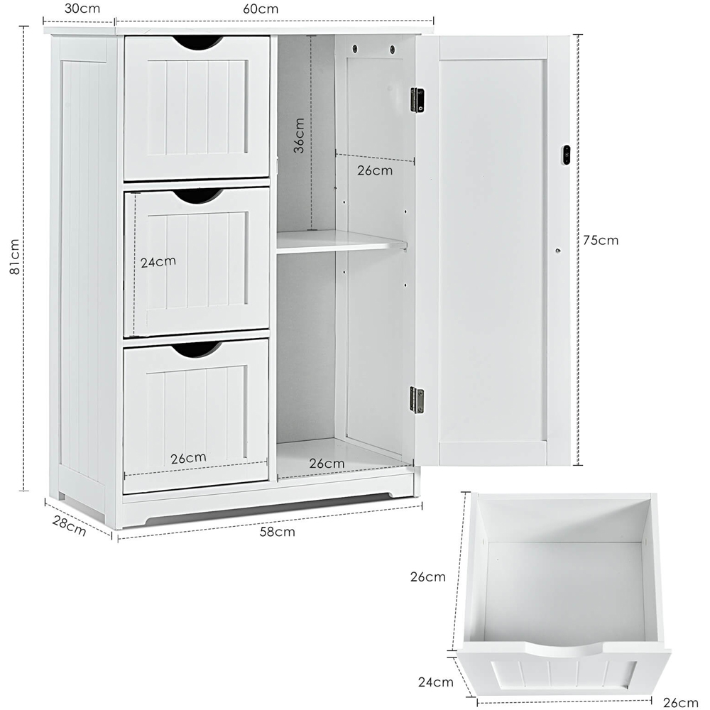 Costway Single Door 3 Drawer White Freestanding Bathroom Cabinet Image 9