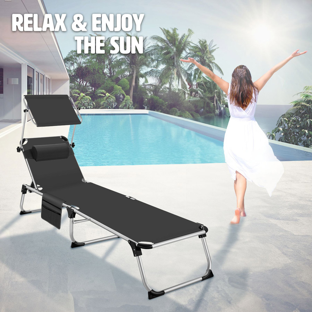 tectake Aurelie Black Foldable and Adjustable Sun Lounger with Headrest Image 3