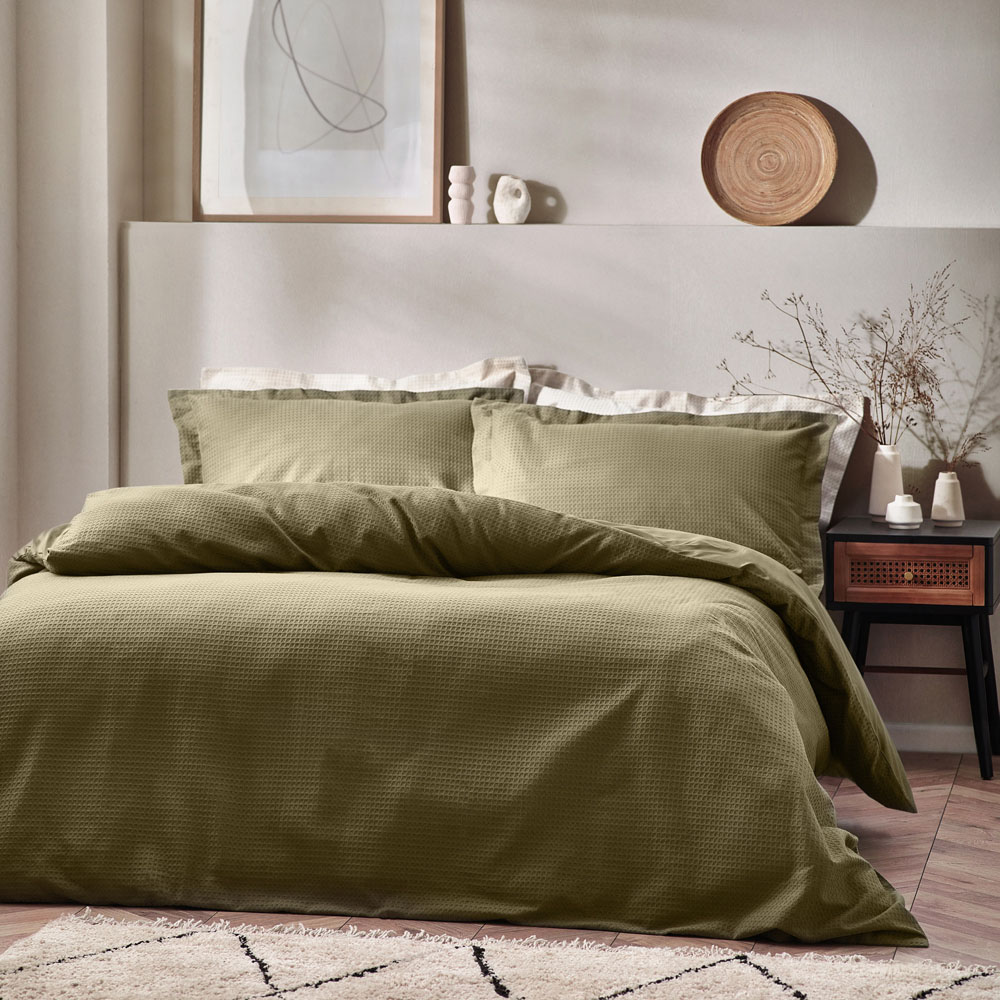 Yard King Size White Olive Waffle Duvet Set Image 1