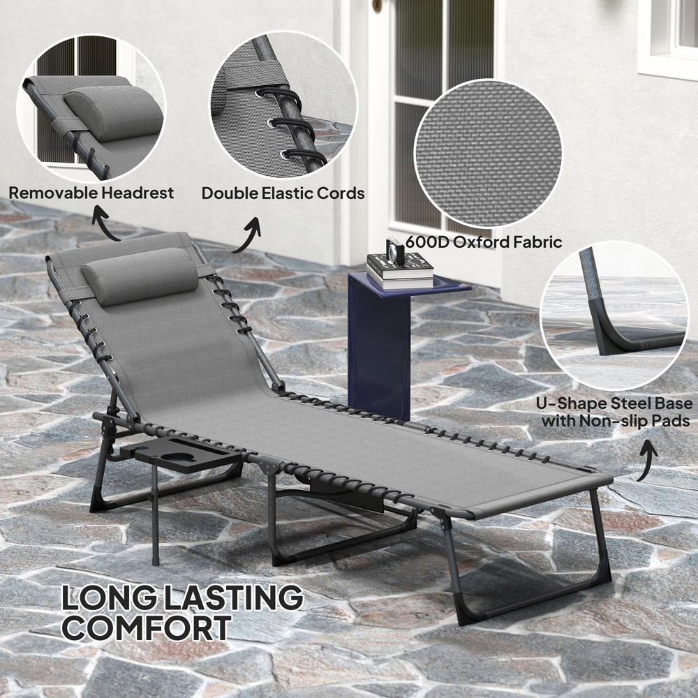 Outsunny Grey 5 Level Adjustable Folding Sun Lounger with Side Table Image 8