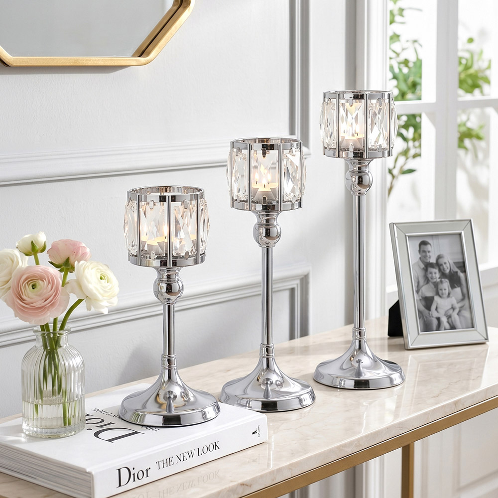 Living and Home Silver Crystal Panel Tiered Candle Holder Set of 3 Image 2