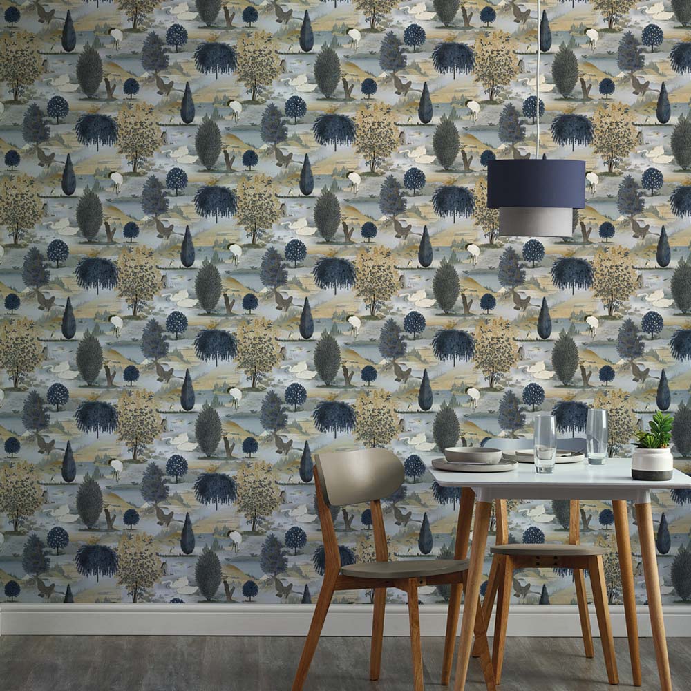 Holden Decor Swan Lake Navy Ochre Wallpaper Image 3