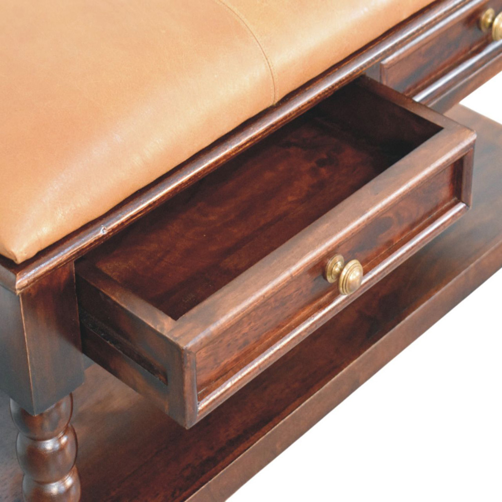 Artisan Furniture Spindle 2 Drawer Single Shelf Winewood Oak Leather Upholstered Solid Wood Bench Image 6