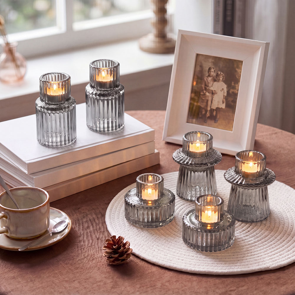 Living and Home Transparent Black Striped Glass Candle Holder Set of 6 Image 7