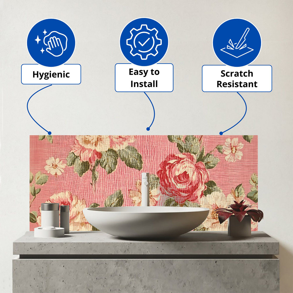Warren Reed Designer Vintage Pink Textured Roses Glass Bathroom Splashback 25 x 60cm Image 3