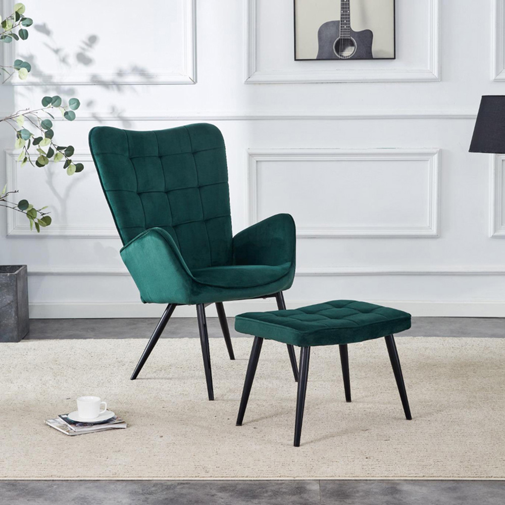 Portland Green Velvet Lounge Chair with Footstool Image 5