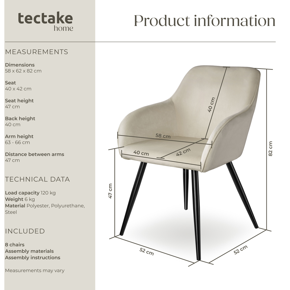 tectake Marilyn Set of 8 Cream and Black Velvet Look Padded Dining Chairs Image 9