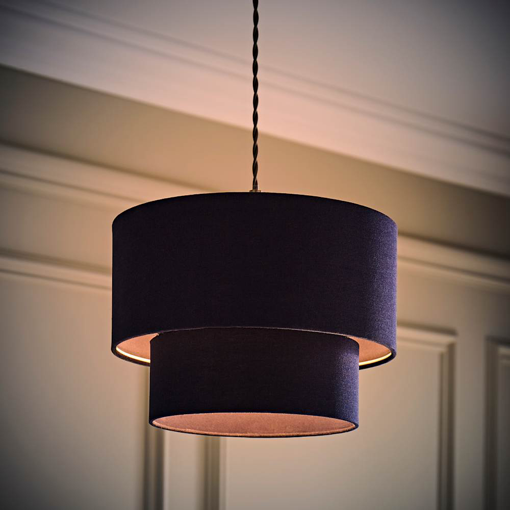 ValueLights Jodie 2 Tier Navy Linen Ceiling Drum Lamp Shade Image 2