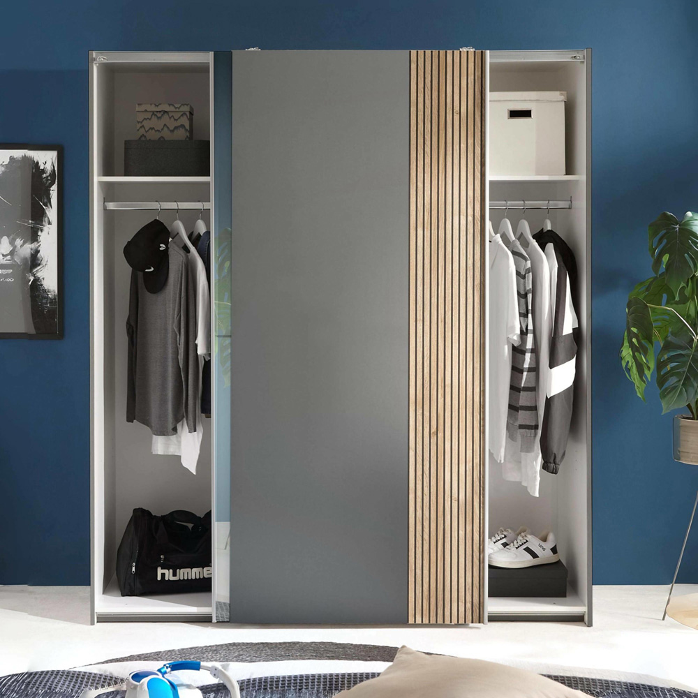 Julian Bowen Berno Light Oak and Dark Grey 2 Door Mirrored Sliding Wardrobe Image 7