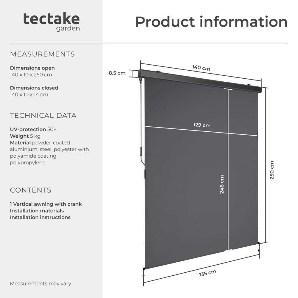 tectake Eloise Black Vertical Awning with 2 Wall Brackets 1.4 x 2.5m Image 8