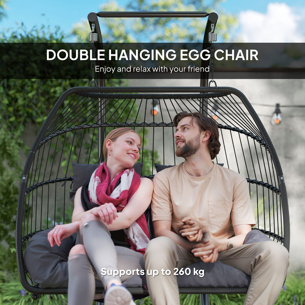 Outsunny 2 Seater Dark Grey Rattan Hanging Egg Chair with Stand and Cushion Image 6