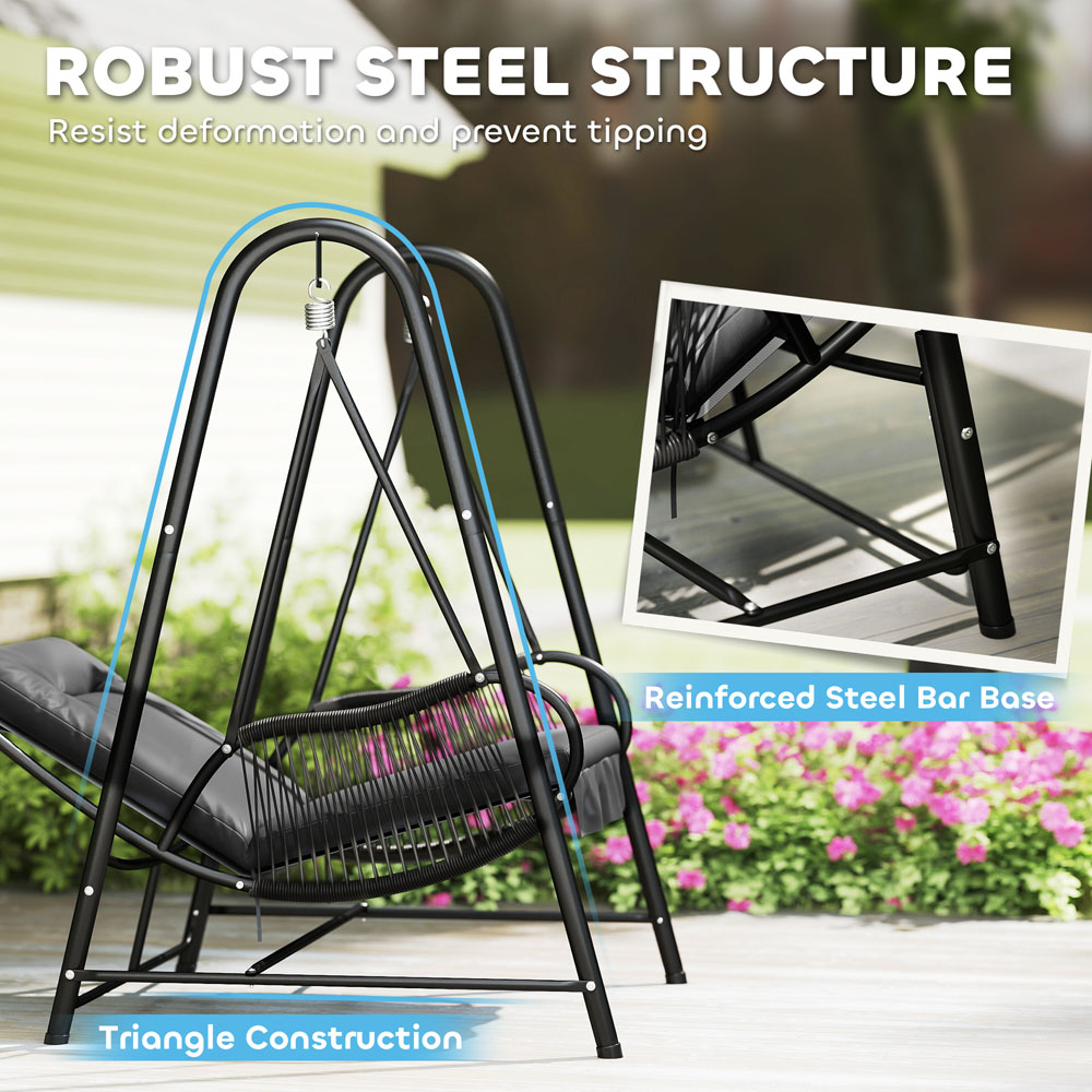 Outsunny Black and Dark Grey Rattan Swing Chair with Stand and Cushion Image 6