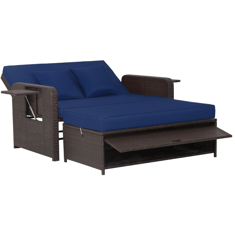 Costway 2 Seater Ratan Wicker Blue Loveseat Sofa with Ottoman and Side Tray Image 2