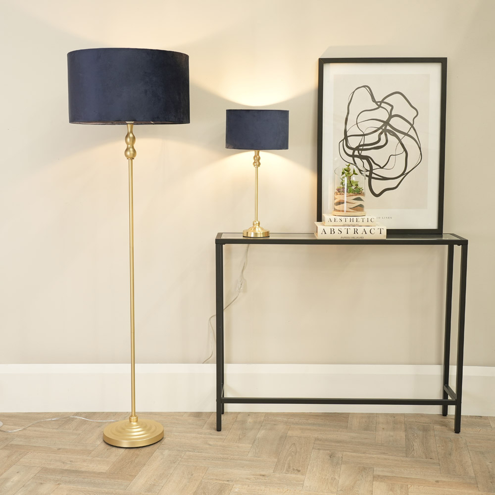 ValueLights Maggie Navy Blue Velvet and Gold Drum Shade Candlestick LED Table Lamp Image 4