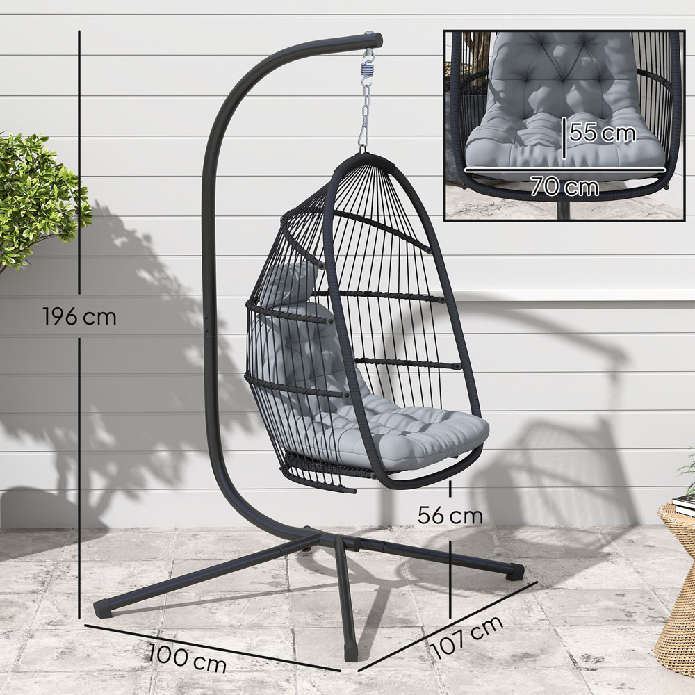 Outsunny Dark Grey Rattan Hanging Egg Chair with Stand and Cushion Image 9