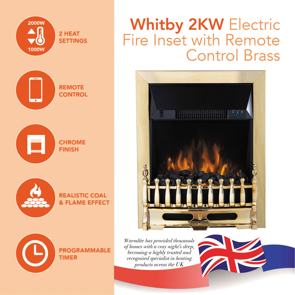Warmlite Whitby Brass Inset Electric Fire with Realistic Flame Effect 2000W 19 inch Image 2