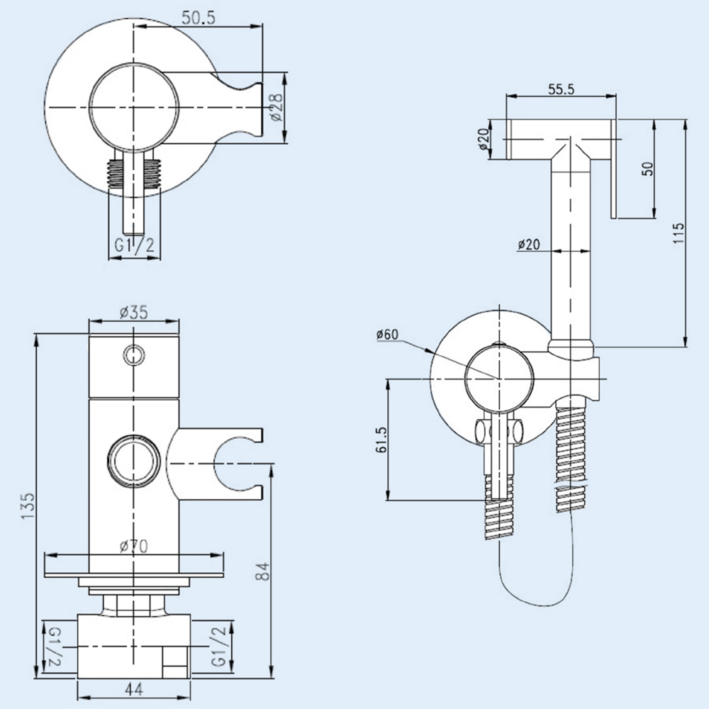 Nes Home Brushed Brass Bidet Douche Spray Kit with Shut Off Valve Image 3
