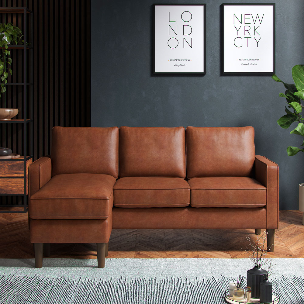 Bexhill 3 Seater Tan Faux Leather Reversible L Shaped Corner Sofa Image 5