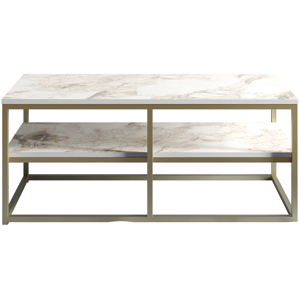 Decorotika Forteus Single Shelf White Marble Effect and Gold Coffee Table with Metal Legs Image 2