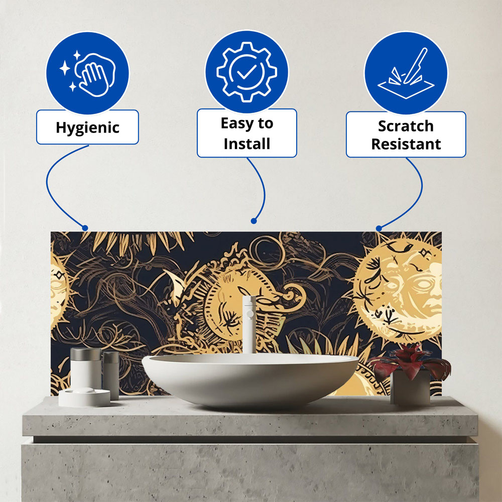 Warren Reed Designer Moon and Sun Gold Blue Glass Bathroom Splashback 25 x 60cm Image 3
