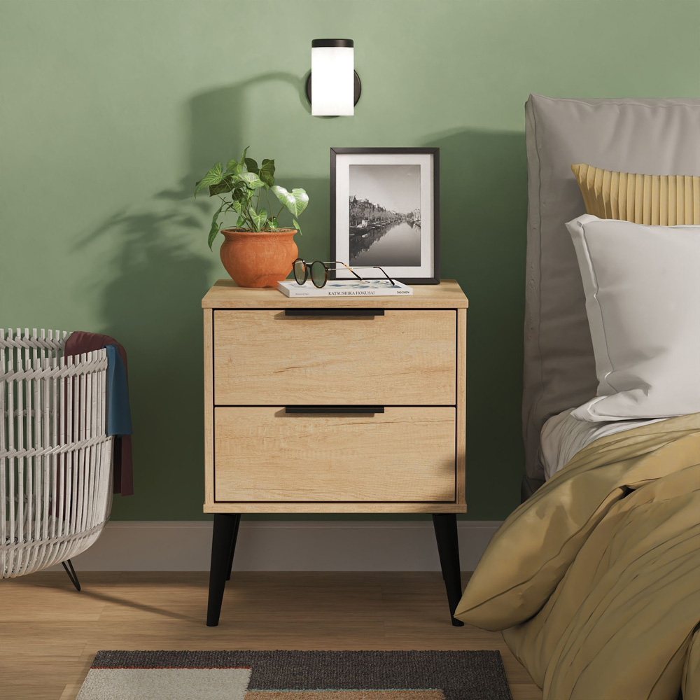 Crowndale Hong Kong 2 Drawer Nebraska Oak Compact Bedside Cabinet Ready Assembled Image 7