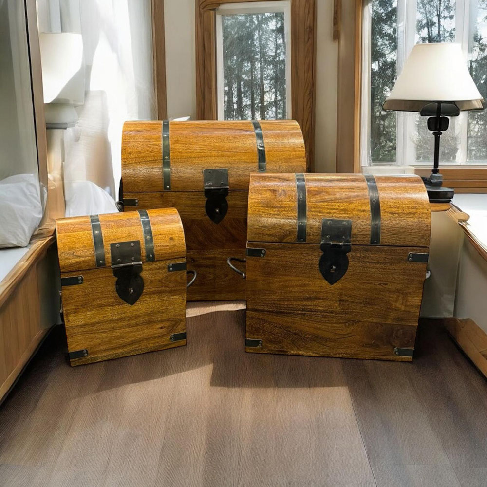 Acacia Home Brown Wooden Chests 45cm Set of 3 Image 3