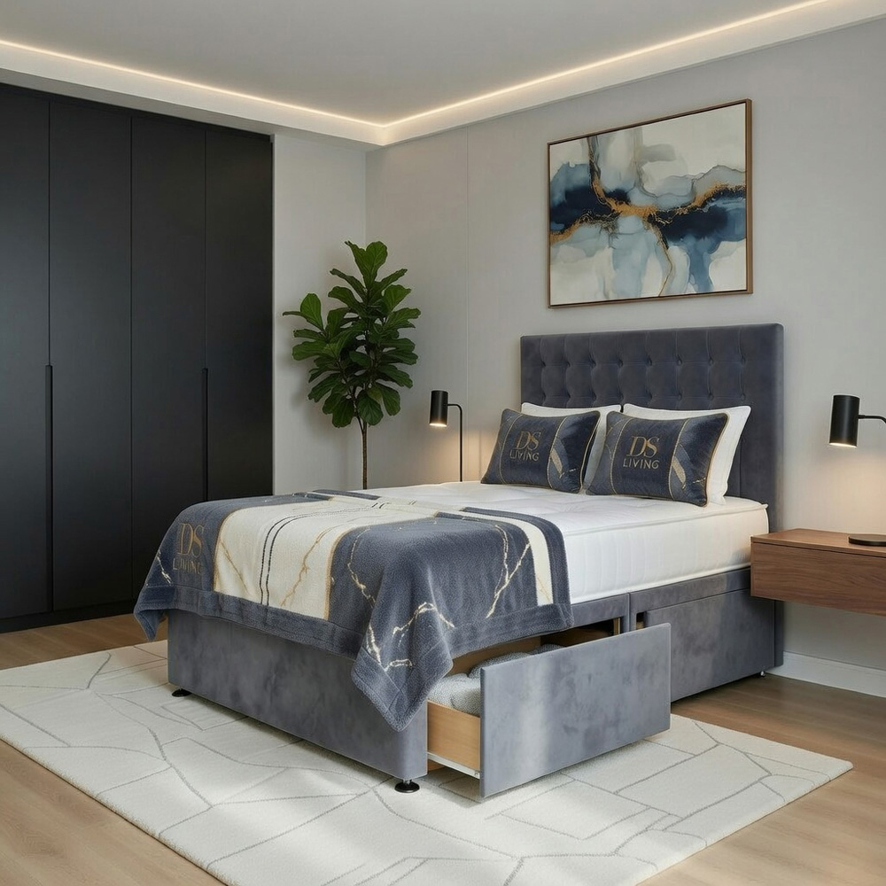DS Living Casia Single Grey Plush Velvet Divan Bed with 2 Drawer Image 2