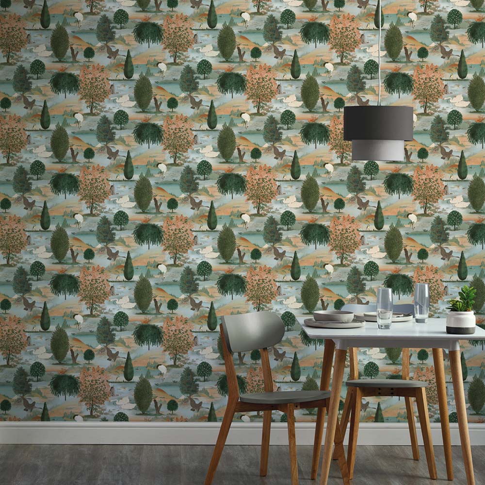 Holden Decor Swan Lake Orange Green Wallpaper Image 3