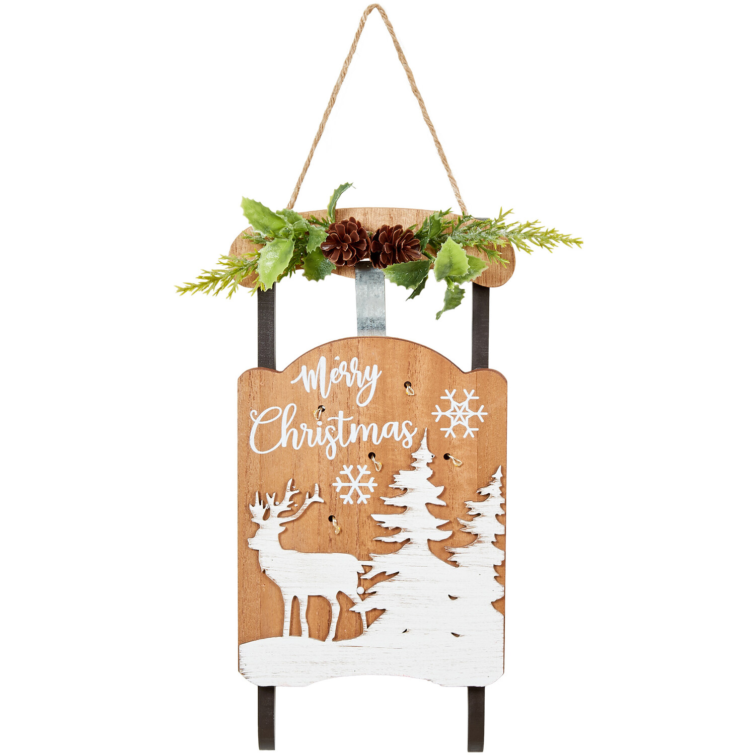 Scandi LED Hanging Sleigh Plaque - Wood Image 2