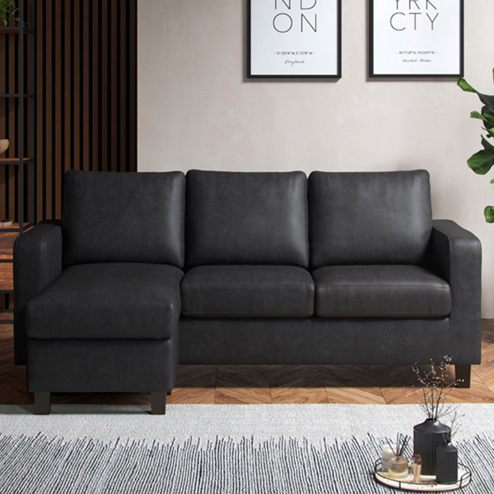 Monroe 3 Seater Black PU Leather Reversible Chaise Sofa Image 1