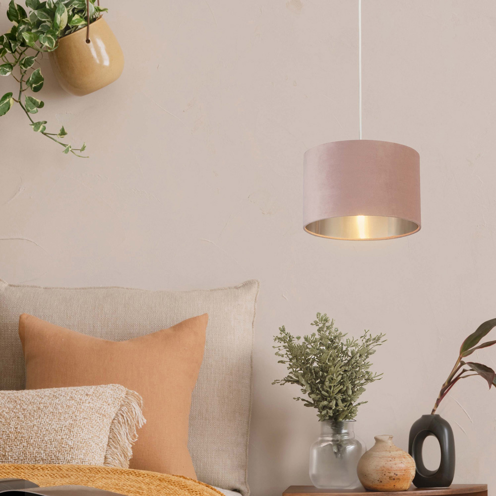 Lighting Collection Pink Silver Inner Velvet Drum Shade Image 2