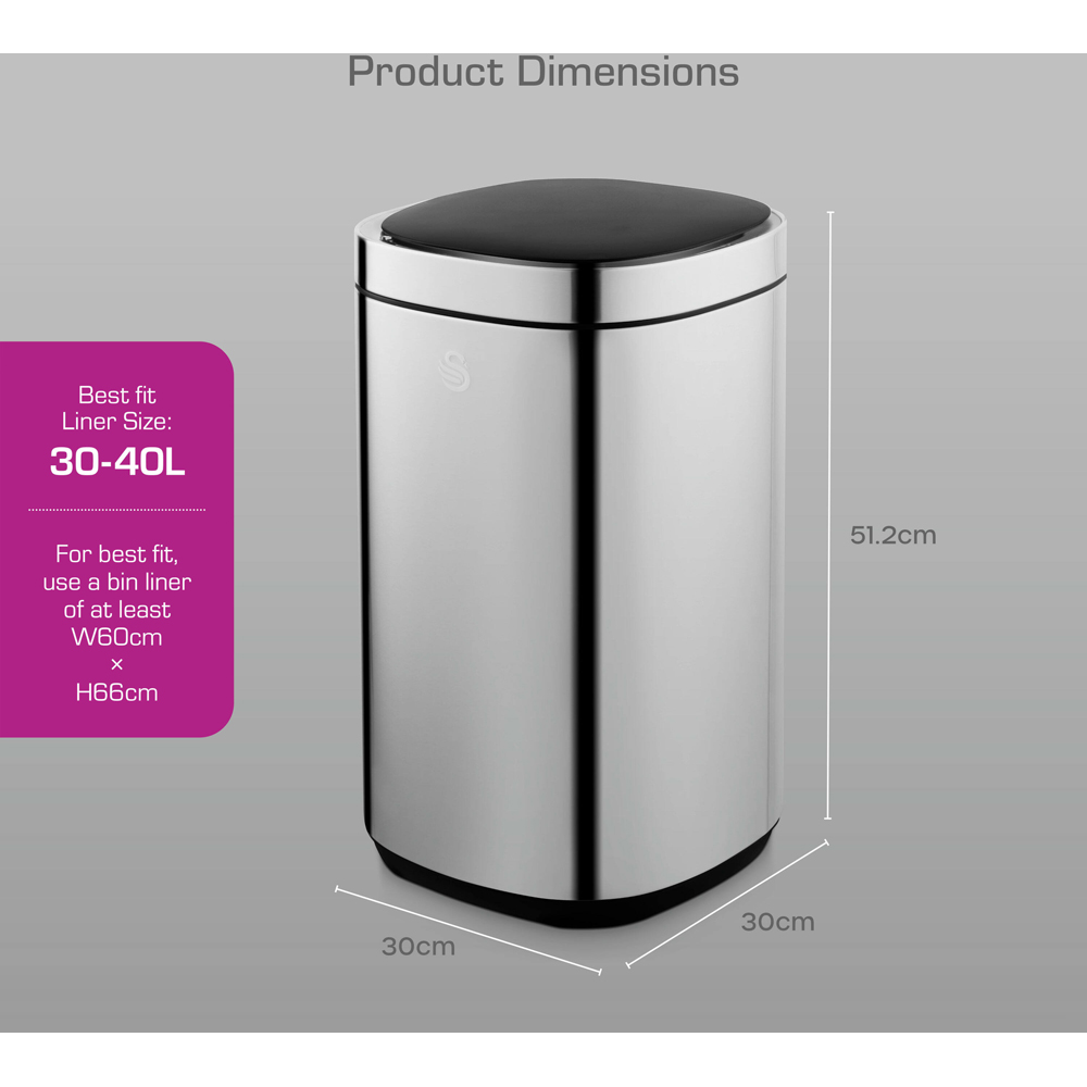 Swan Silver Stainless Steel Square Sensor Bin 30L Image 9