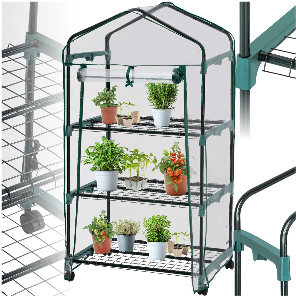 tectake 3 Shelf 1.6 x 2.2ft Greenhouse with Tarpaulin Cover and Wheels Image 2