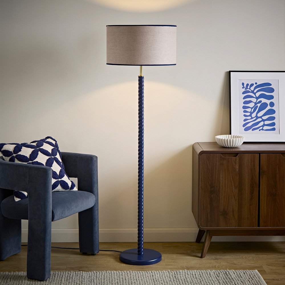 ValueLights Amara Linen Inner Shade Navy Twist Floor Lamp with Bulb Image 2