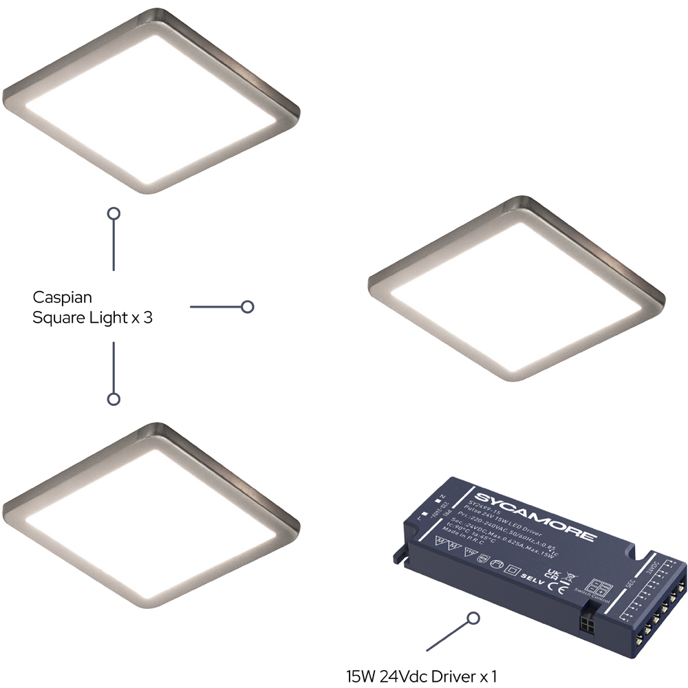 Sorrelis Caspian Aluminium Square Natural White 3 Under Cabinet Light Kit Image 3