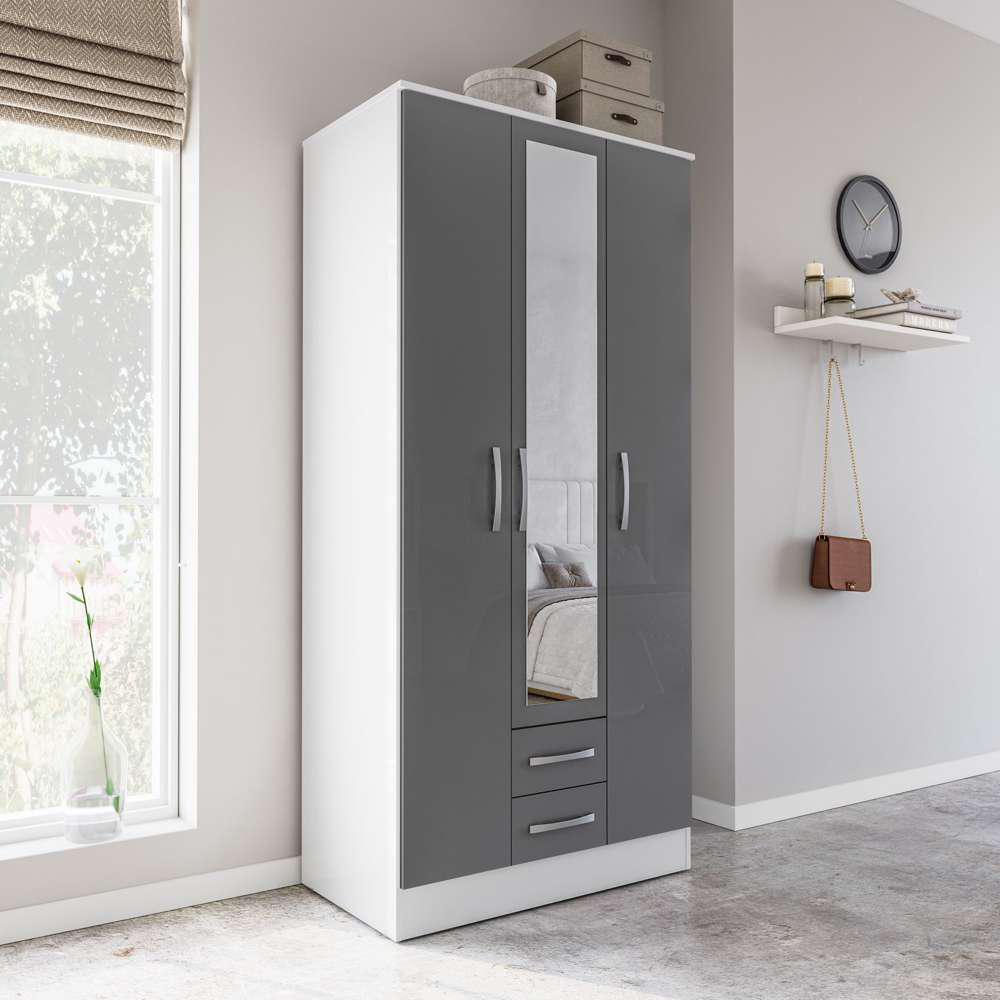 Lynx 3 Door 2 Drawer Grey and White Mirror Wardrobe Image 3