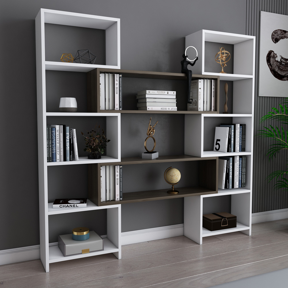 Decorotika Poyraz 8 Shelf White and Walnut Bookshelf Image 7
