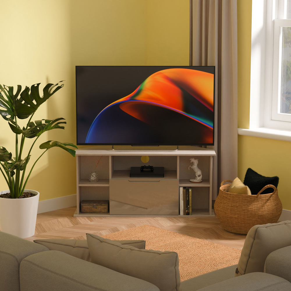 Crowndale Milan Single Drawer 5 Shelf Grey Gloss and Grey Oak Corner TV Unit Ready Assembled Image 7