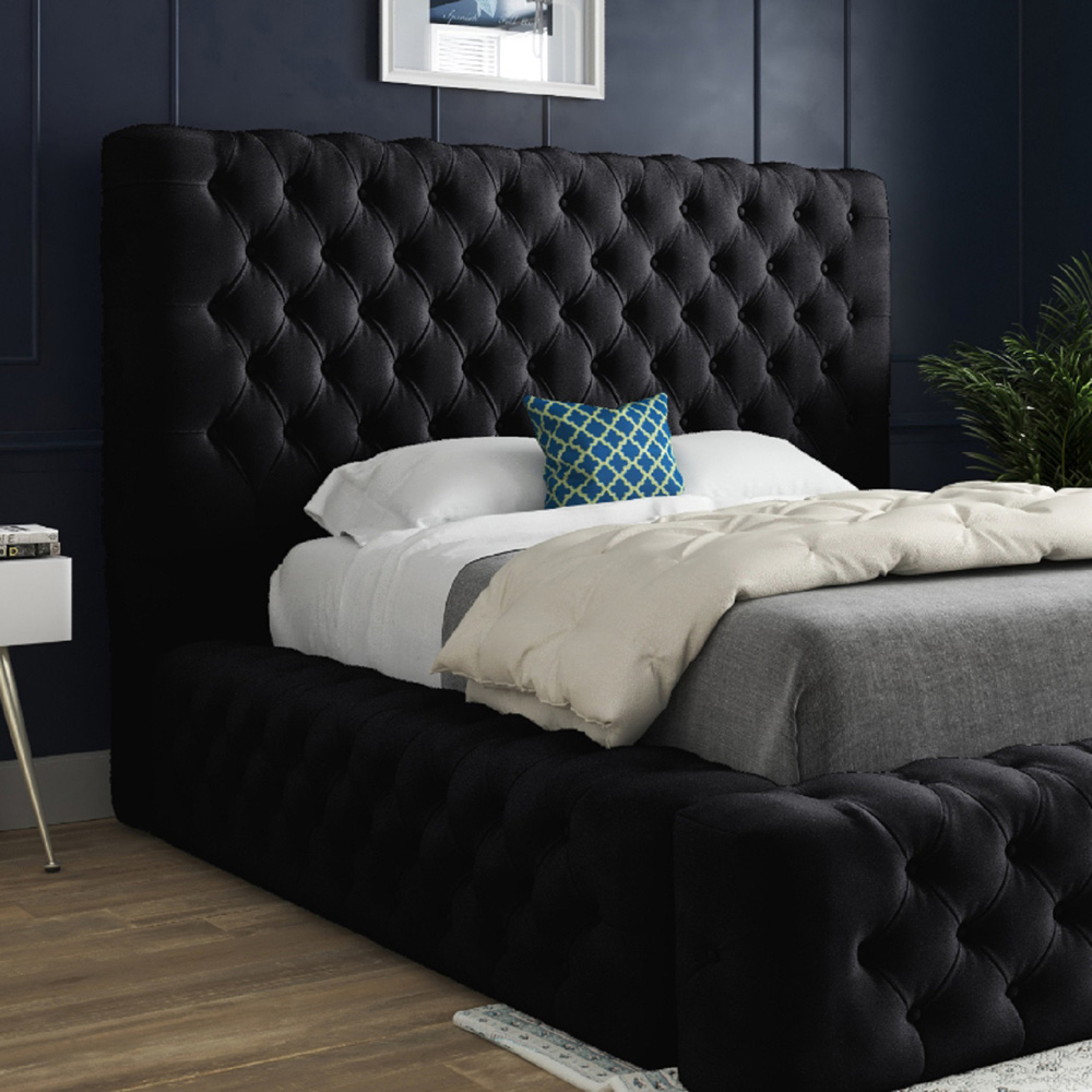 Grand Milan Black Small Double Upholstered Bed Frame with Pleated Chesterfield Headboard Image 3